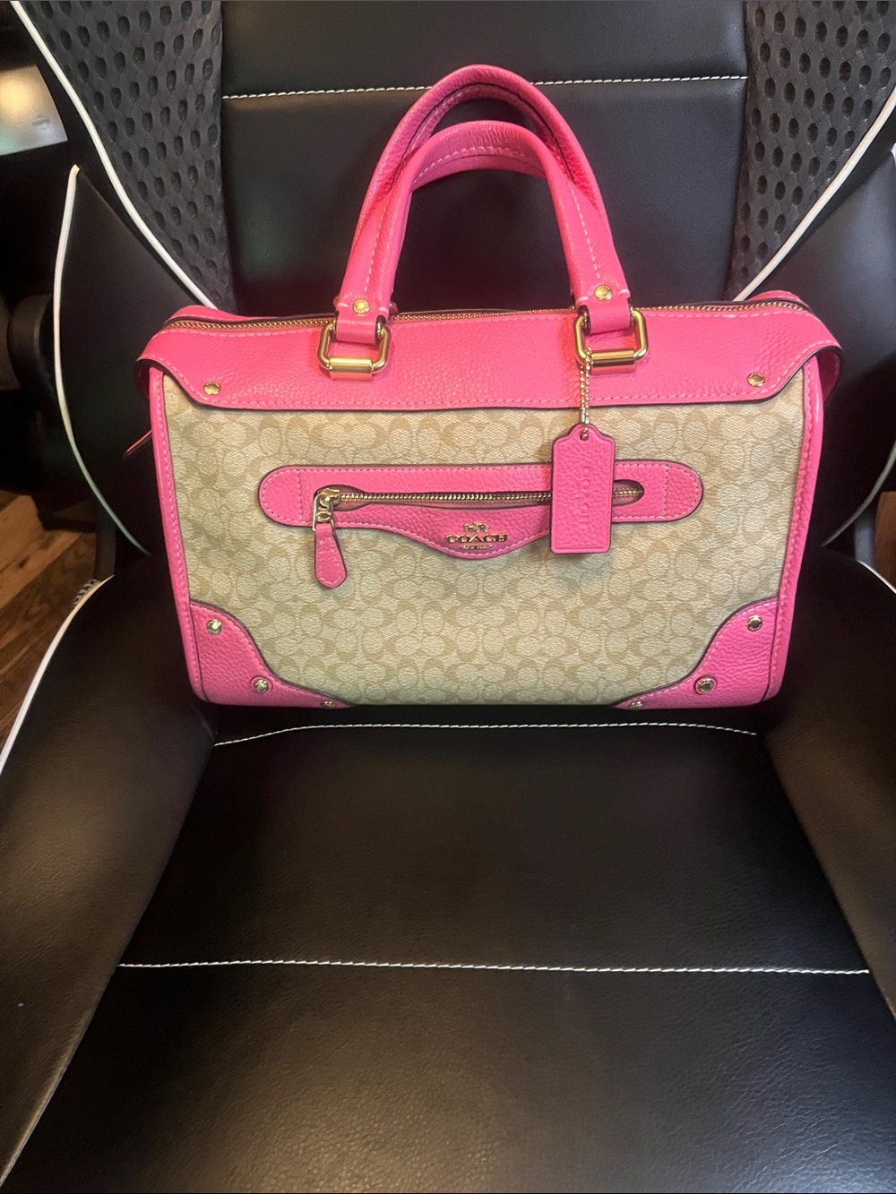 Coach CE637 Millie Satchel Light Khaki Petunia Pink Signature Canvas